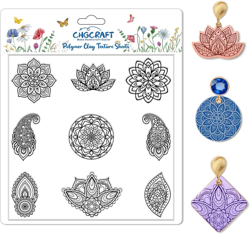 CHGCRAFT Mandala Polymer Clay Texture Sheets Single Mandala Floral Paisley Pattern Silicone Texture Stamp Clay Texture Mat Modeling Pattern Pad Sheets for Jewelry and Earrings Tools, 5.5x5.5 inch - Image 1